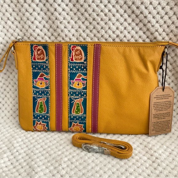 Mustard Handpainted Genuine Pebbled Leather Wristlet Clutch - Picture 3 of 14